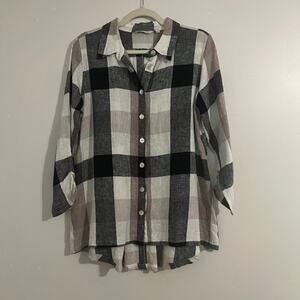Soft Surroundings Gingham Checkered Linen Blend Zip Detail Button Front Tunic
